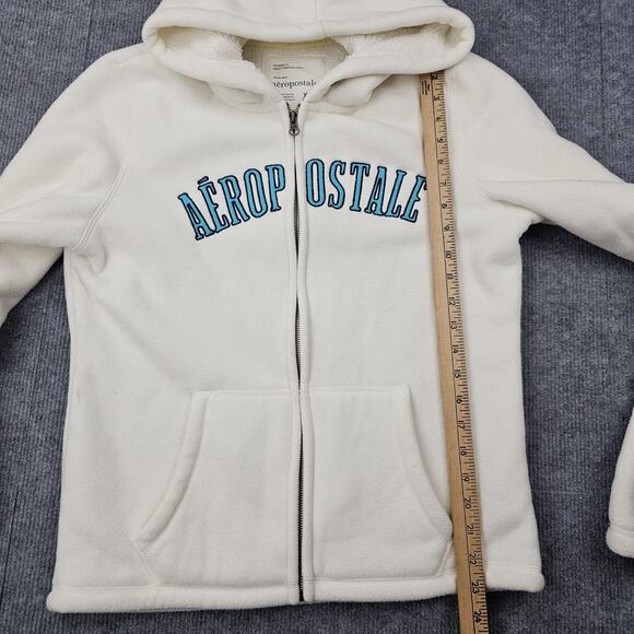 Vintage Aeropostale Hoodie Womens XL Y2K White Fleece Full Zip Logo Minimal Cozy - Picture 5 of 6